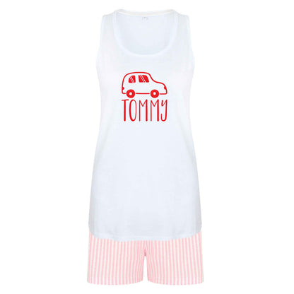 Personalised car any name here size XL women's pyjama shorts set in pink 