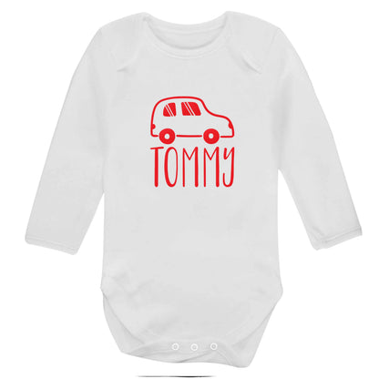 Personalised car any name here baby bodysuit long sleeved white 6-12 months