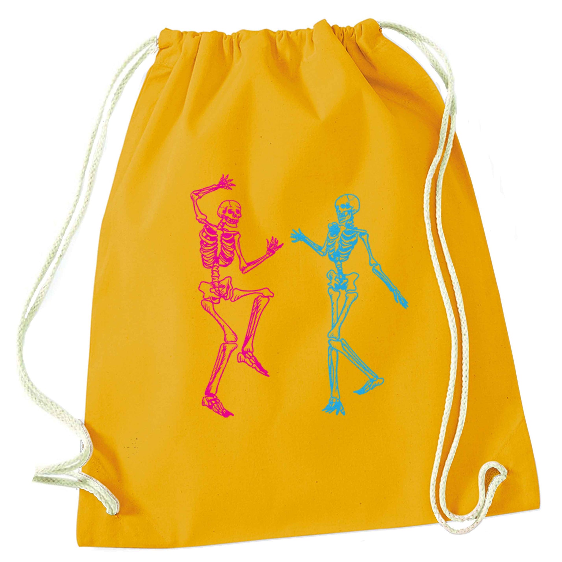 Skeleton dance mustard drawstring bag