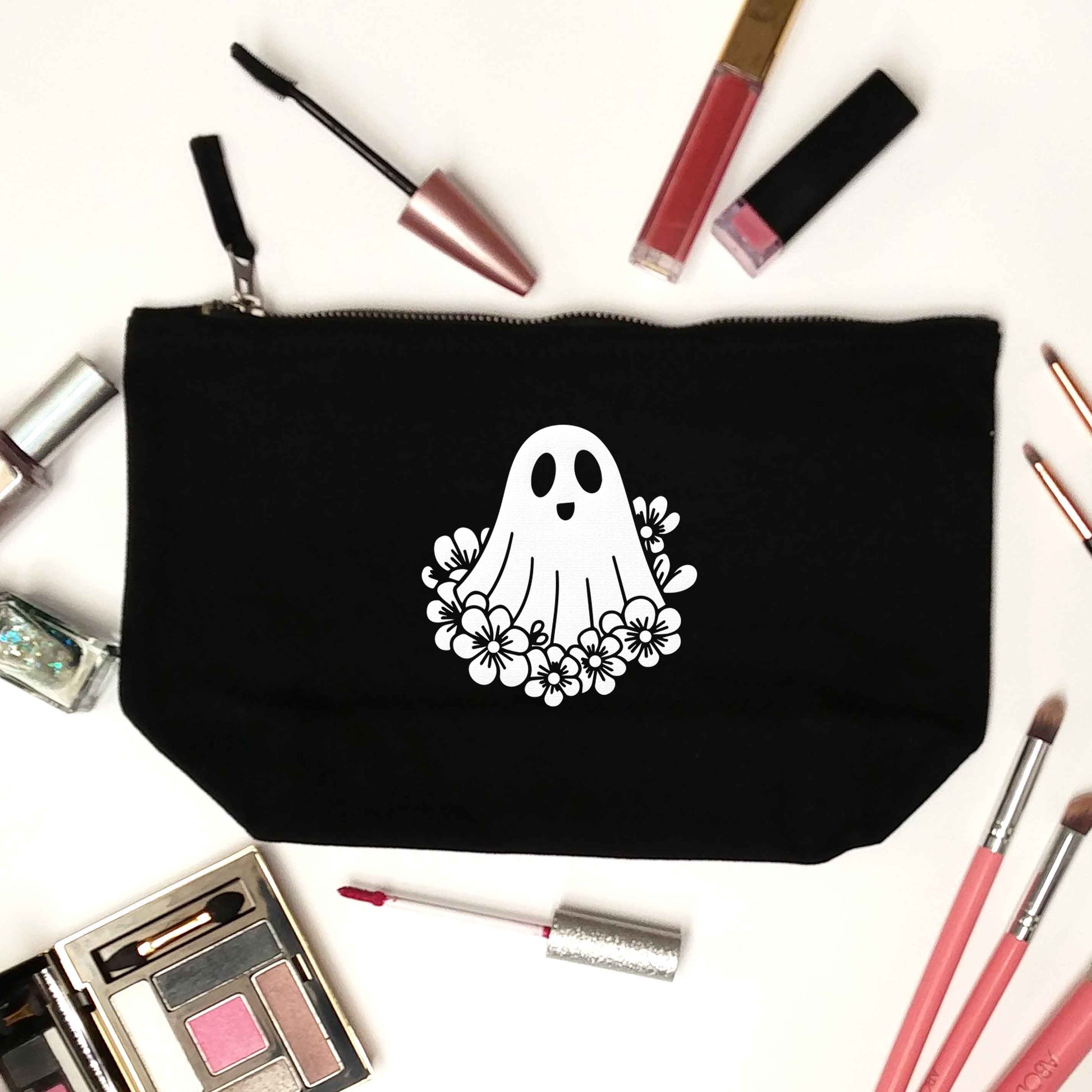 Floral ghost black makeup bag