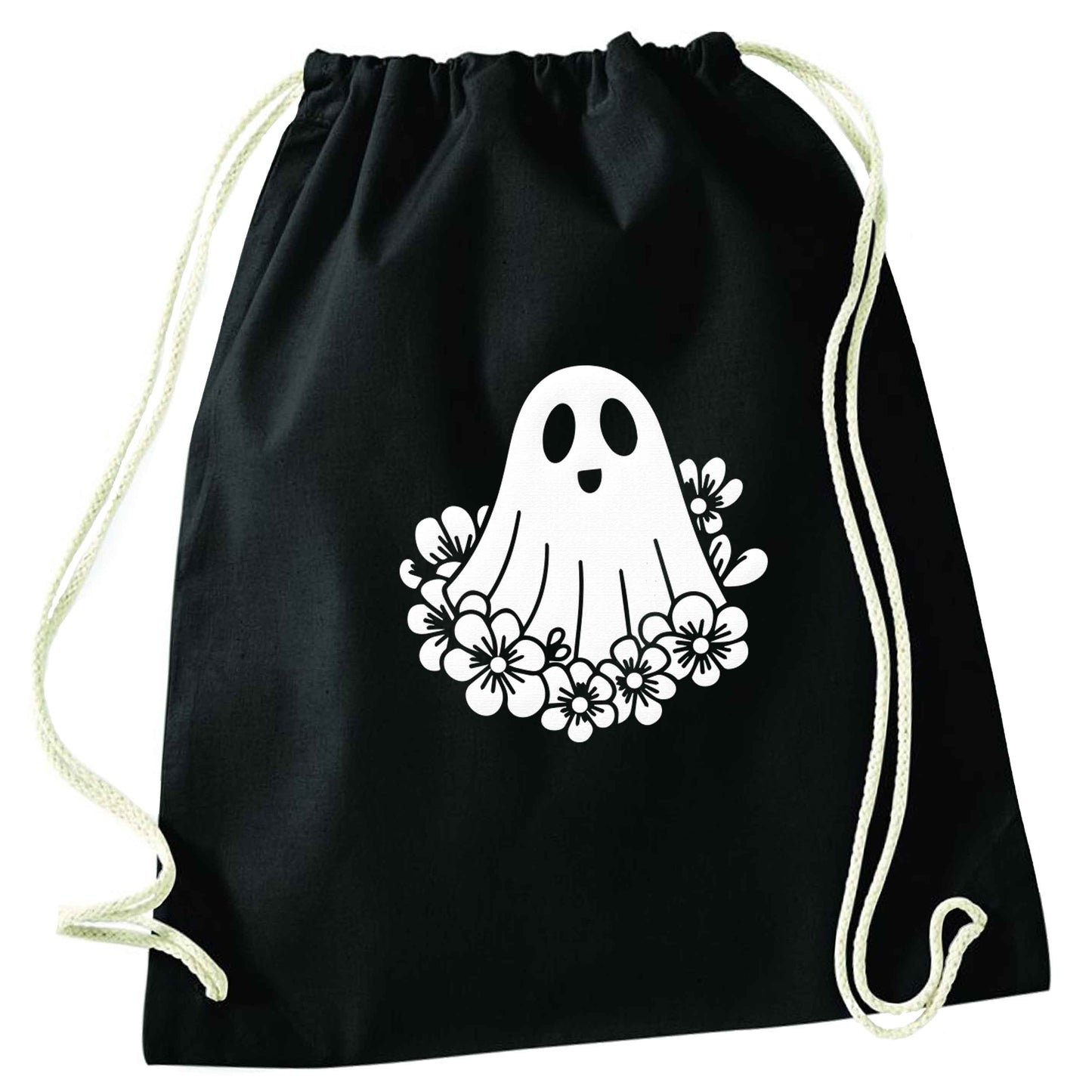 Floral ghost black drawstring bag
