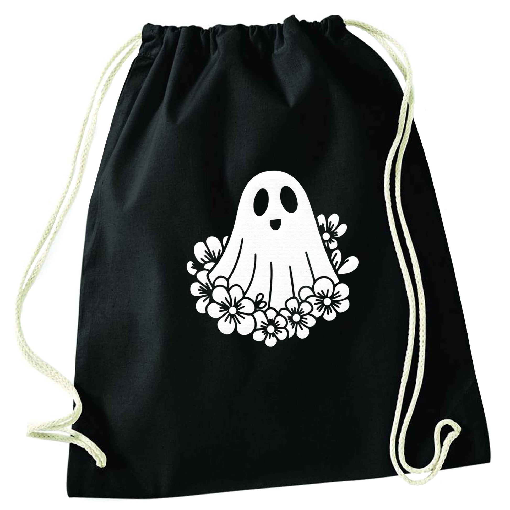 Floral ghost black drawstring bag
