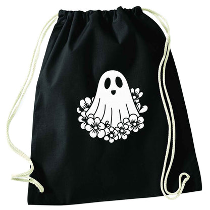 Floral ghost black drawstring bag
