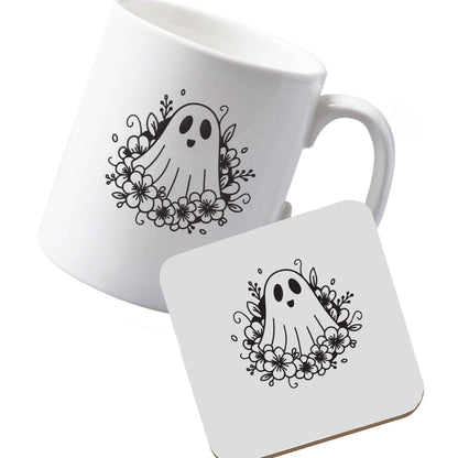 10 oz Ceramic mug and coaster Floral ghost left sided