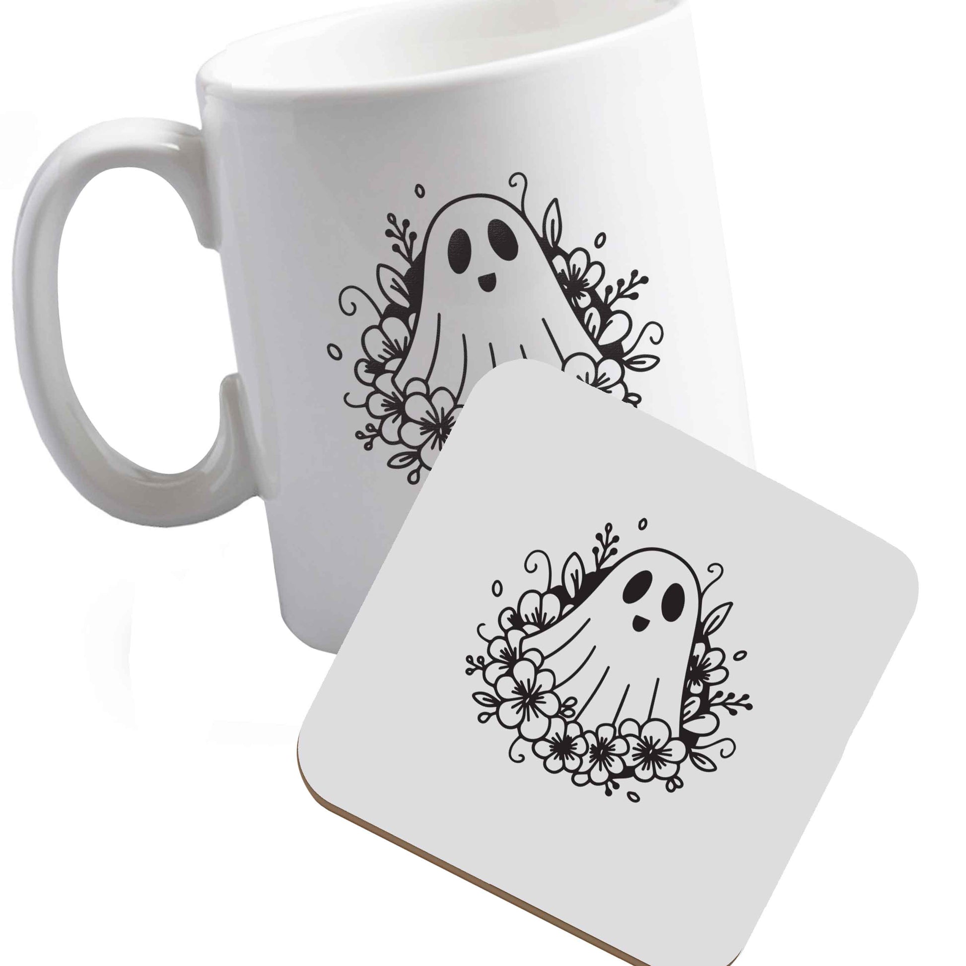 10 oz Ceramic mug and coaster Floral ghost both sides