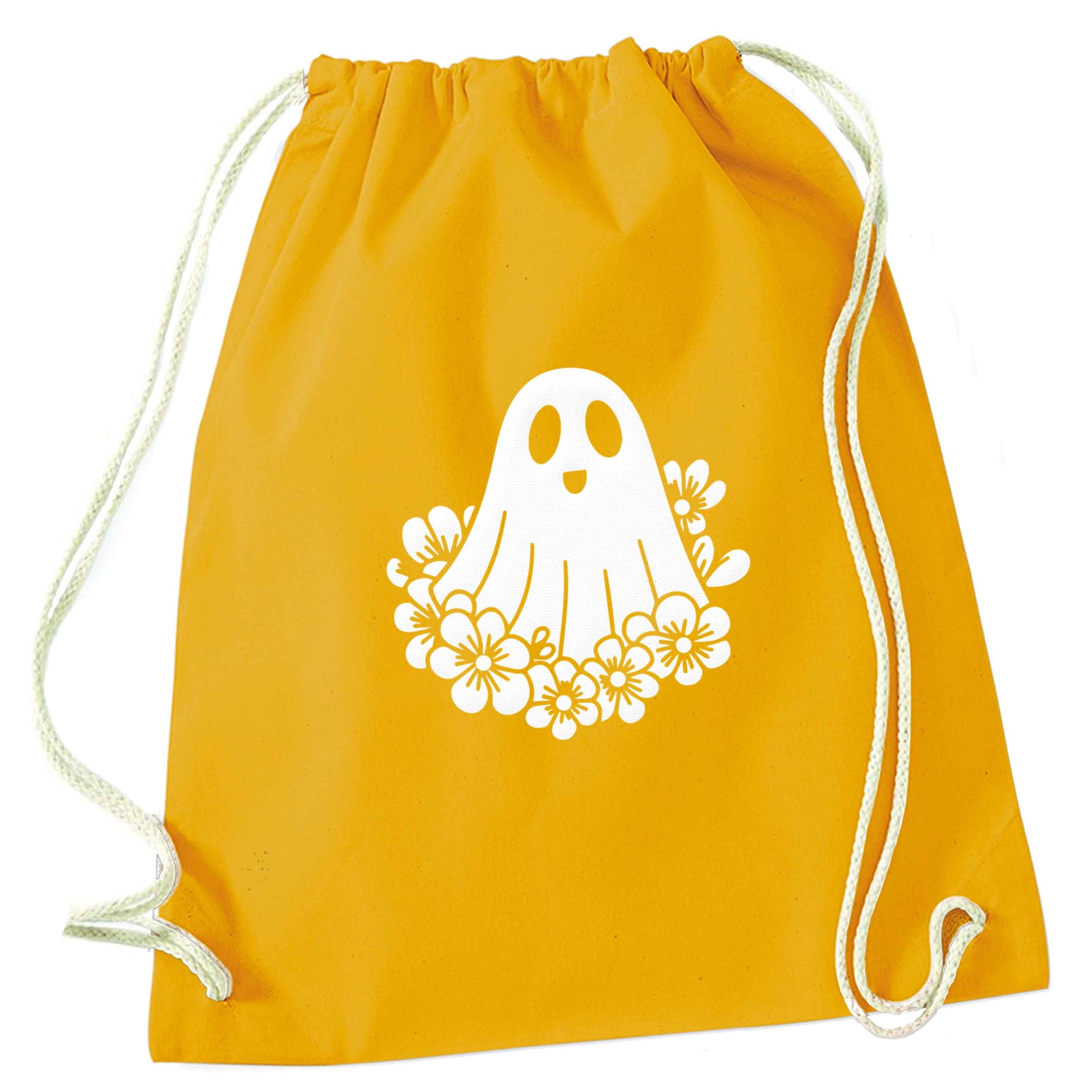 Floral ghost mustard drawstring bag