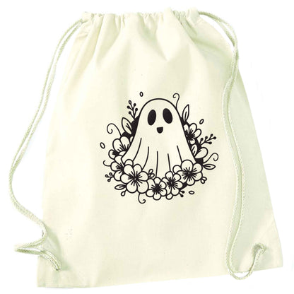 Floral ghost natural drawstring bag