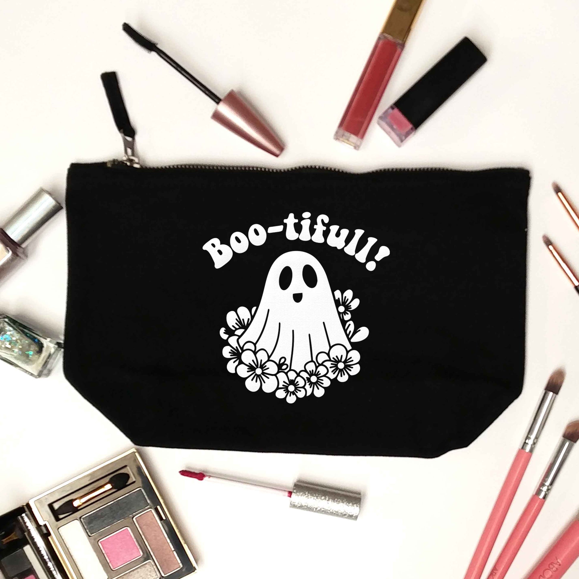 Boo-tifull! Floral ghost black makeup bag
