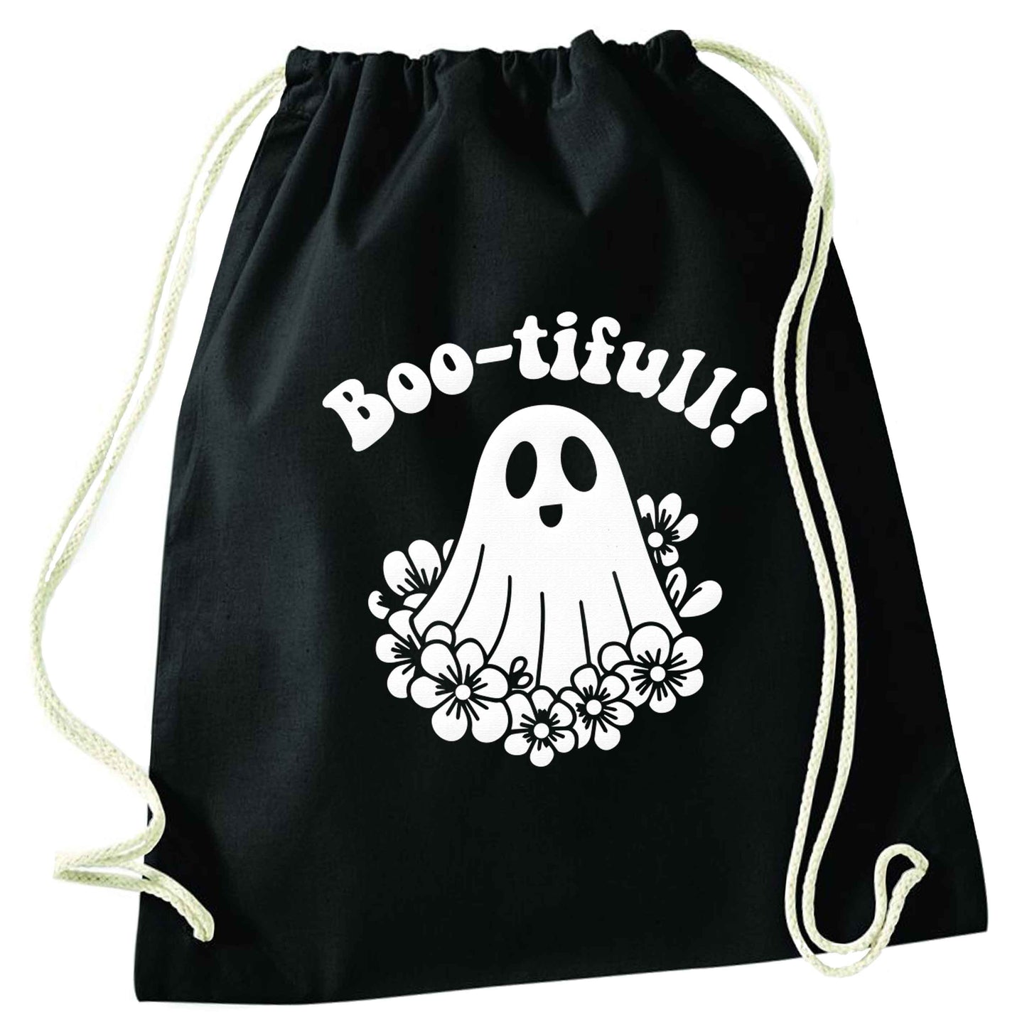 Boo-tifull! Floral ghost black drawstring bag