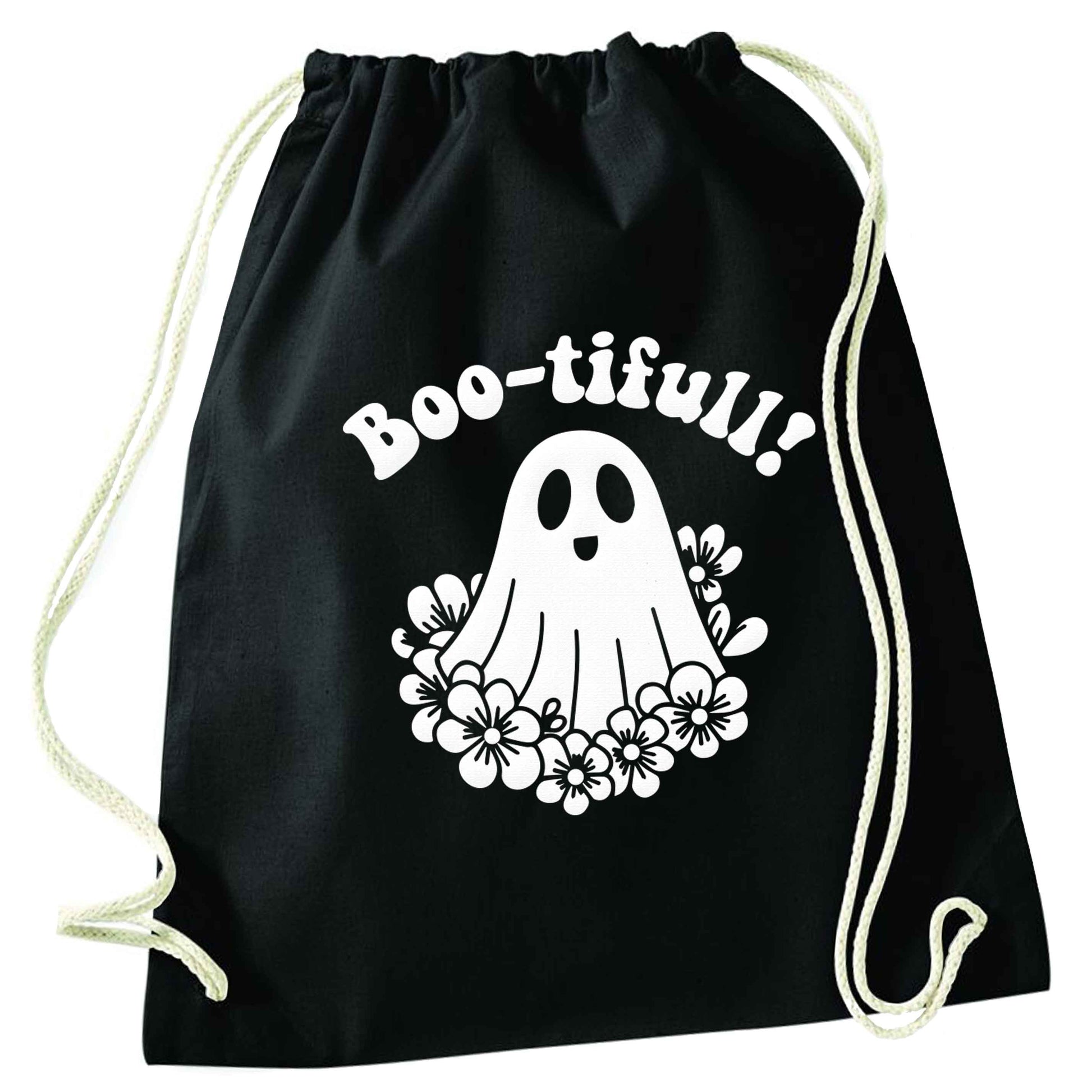 Boo-tifull! Floral ghost black drawstring bag
