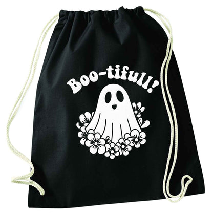 Boo-tifull! Floral ghost black drawstring bag