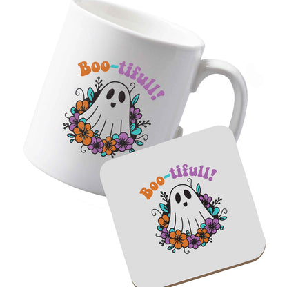 10 oz Ceramic mug and coaster Boo-tifull! Floral ghost left sided