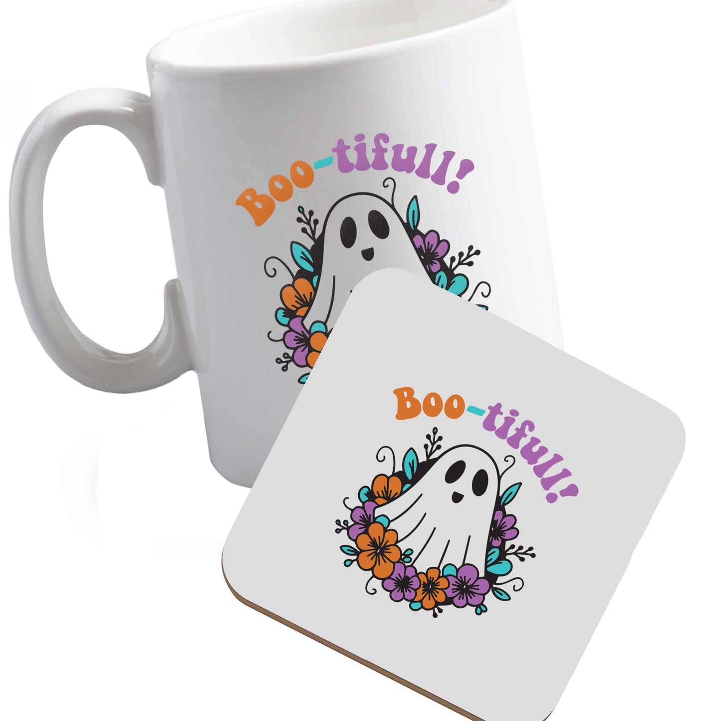 10 oz Ceramic mug and coaster Boo-tifull! Floral ghost both sides