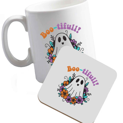 10 oz Ceramic mug and coaster Boo-tifull! Floral ghost both sides
