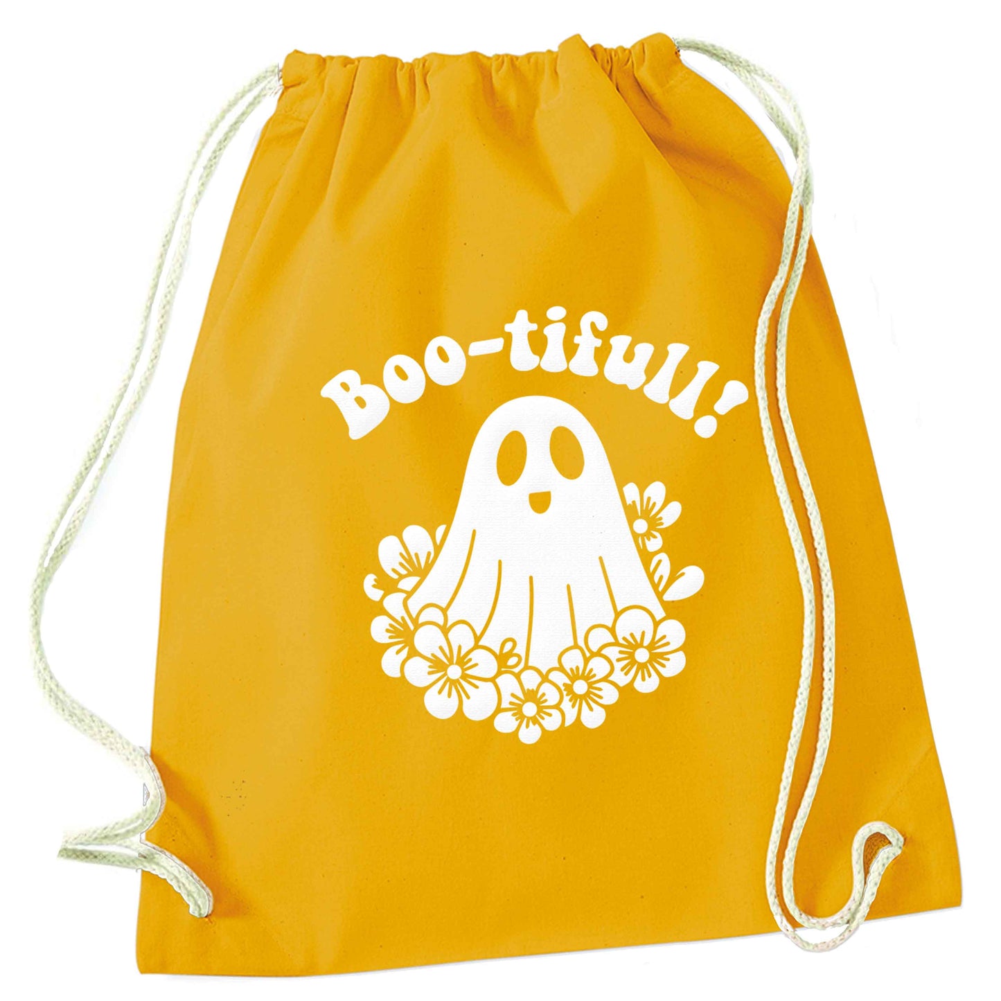 Boo-tifull! Floral ghost mustard drawstring bag