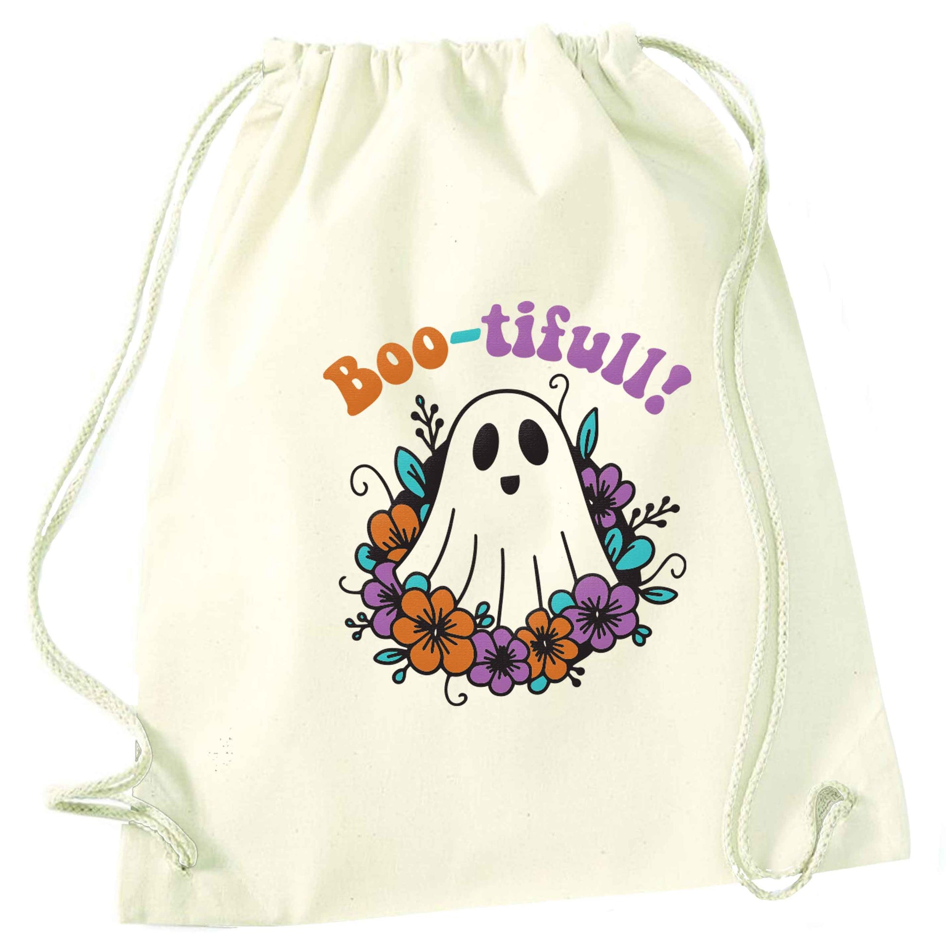 Boo-tifull! Floral ghost natural drawstring bag
