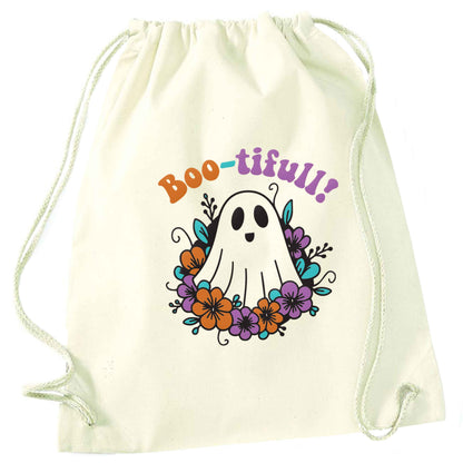 Boo-tifull! Floral ghost natural drawstring bag