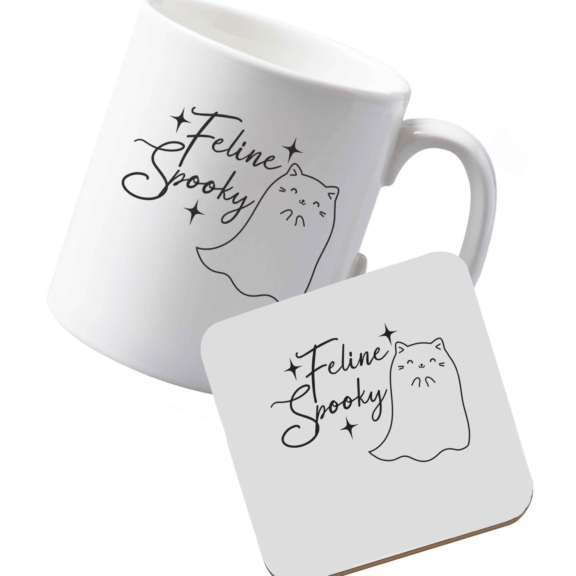 10 oz Ceramic mug and coaster Feline spooky left sided