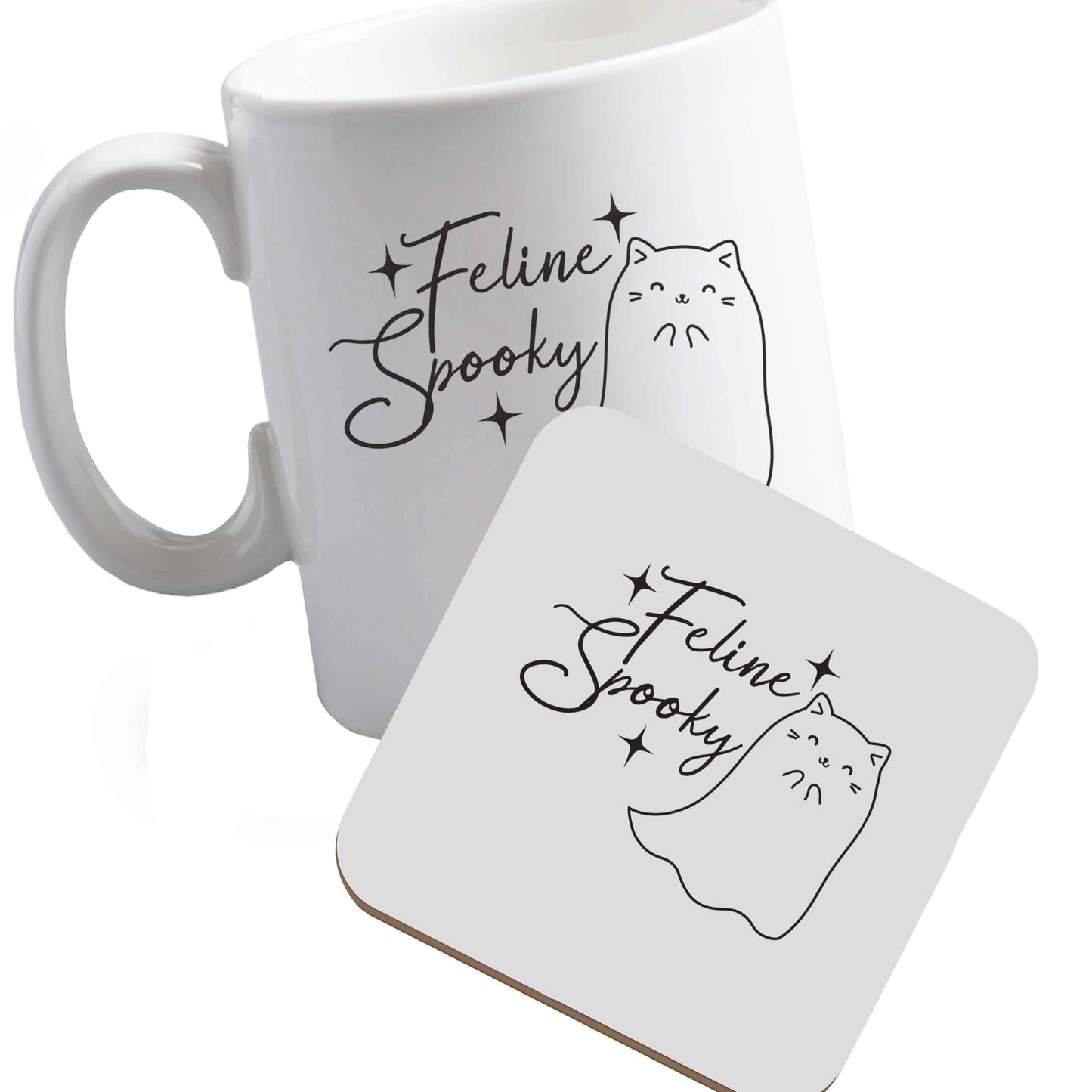 10 oz Ceramic mug and coaster Feline spooky both sides