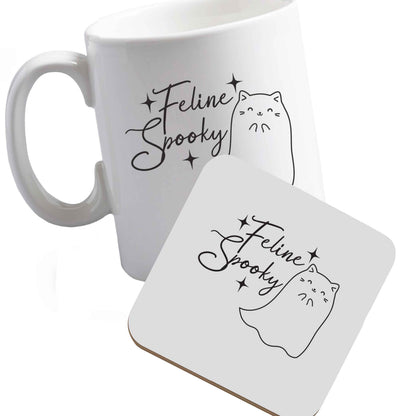 10 oz Ceramic mug and coaster Feline spooky both sides