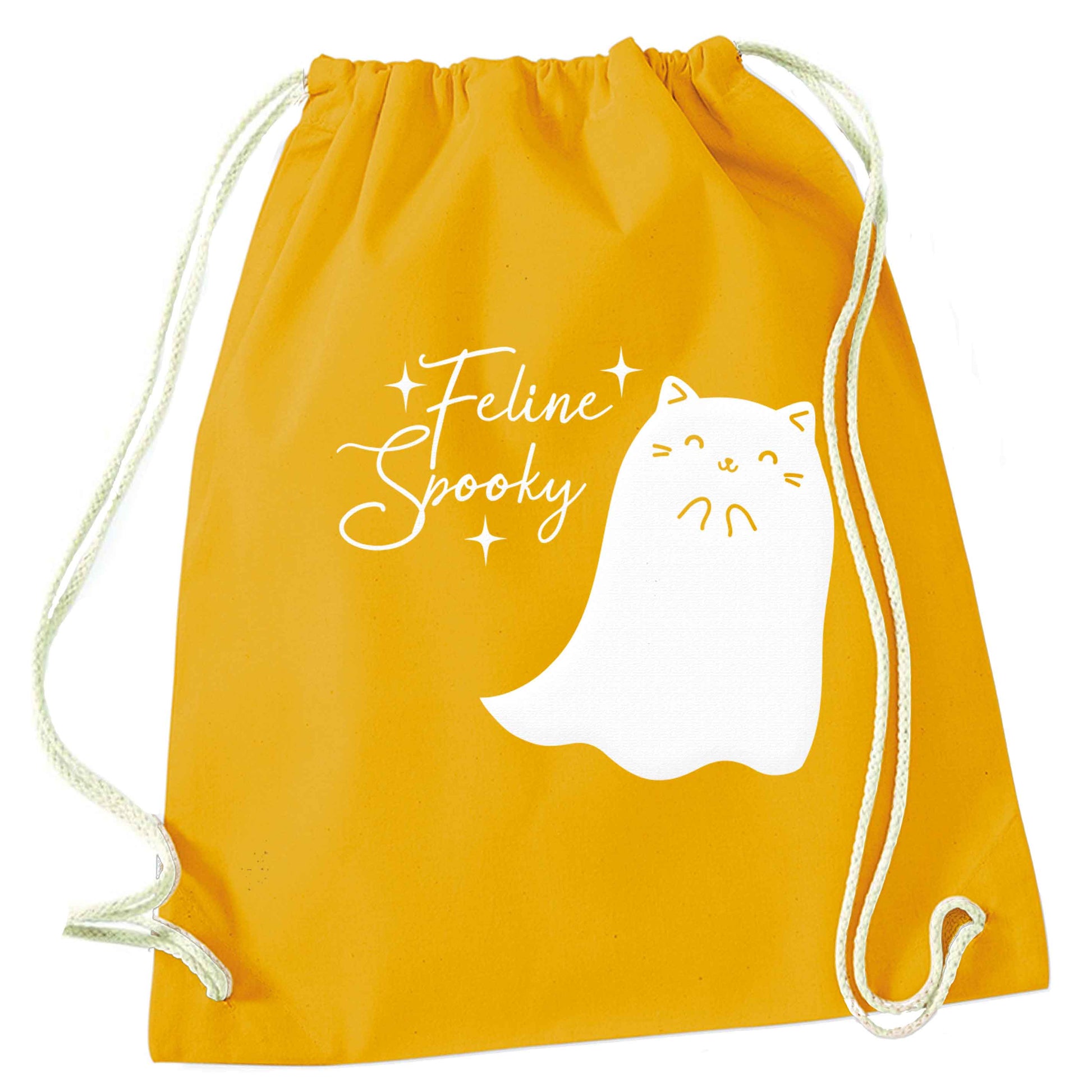 Feline spooky mustard drawstring bag