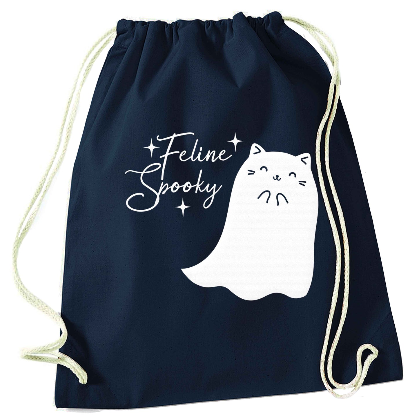 Feline spooky navy drawstring bag