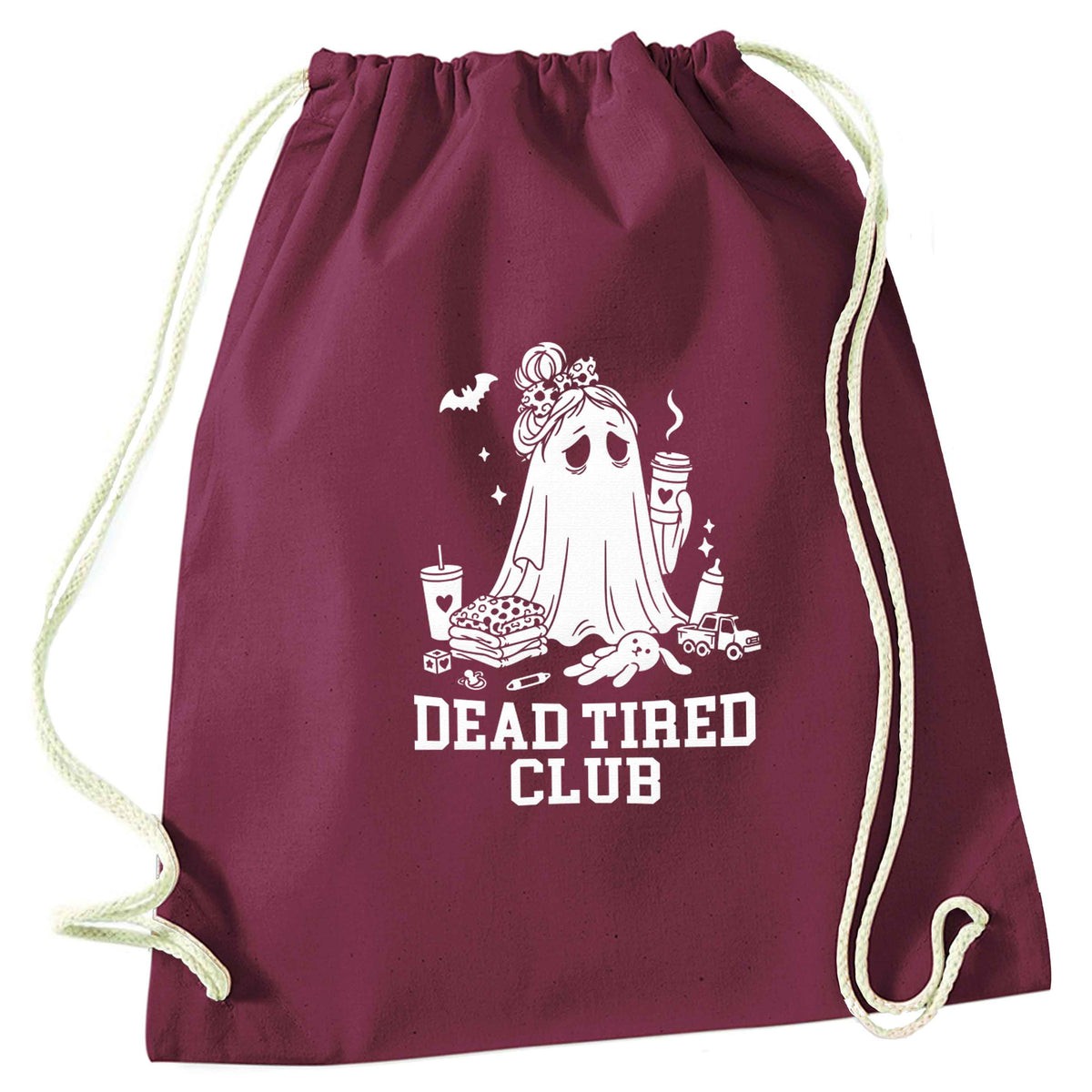 Dead tired club maroon drawstring bag