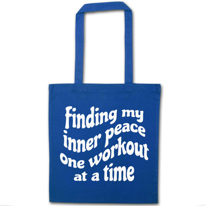 Finding my inner peace one workout at a time blue tote bag
