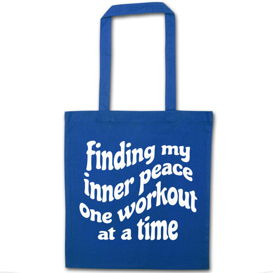 Finding my inner peace one workout at a time blue tote bag