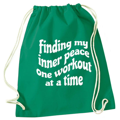 Finding my inner peace one workout at a time green drawstring bag