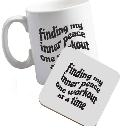 10 oz Ceramic mug and coaster Finding my inner peace one workout at a time right handed