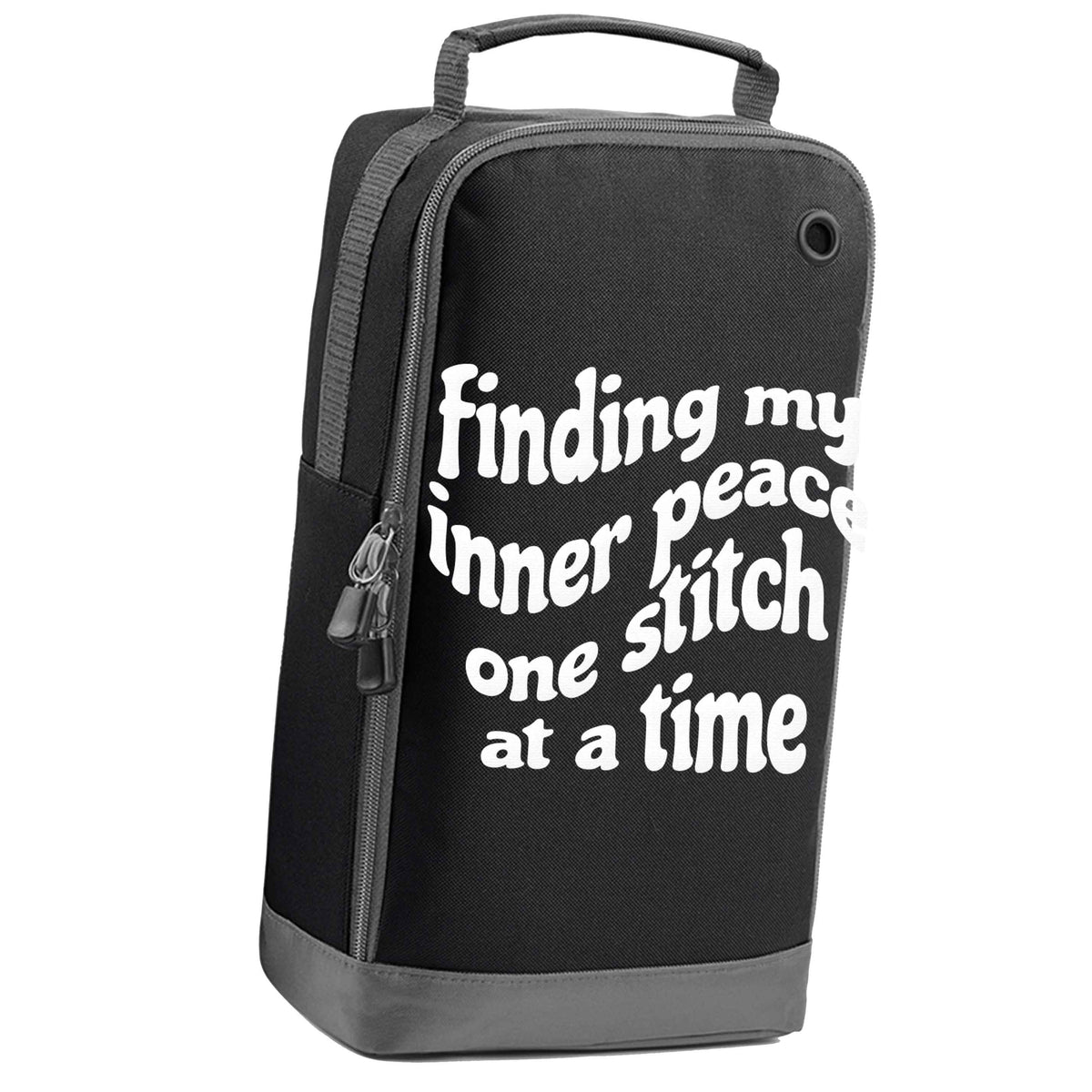 Finding My Inner Peace One Stitch at a Time black sports shoe bag vertical print