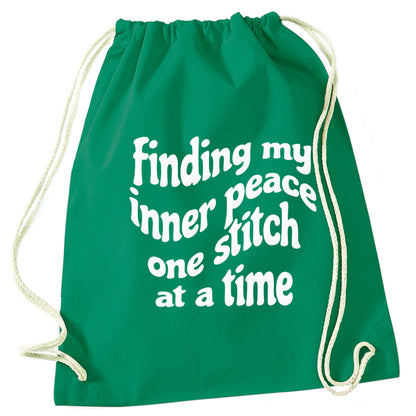 Finding My Inner Peace One Stitch at a Time green drawstring bag