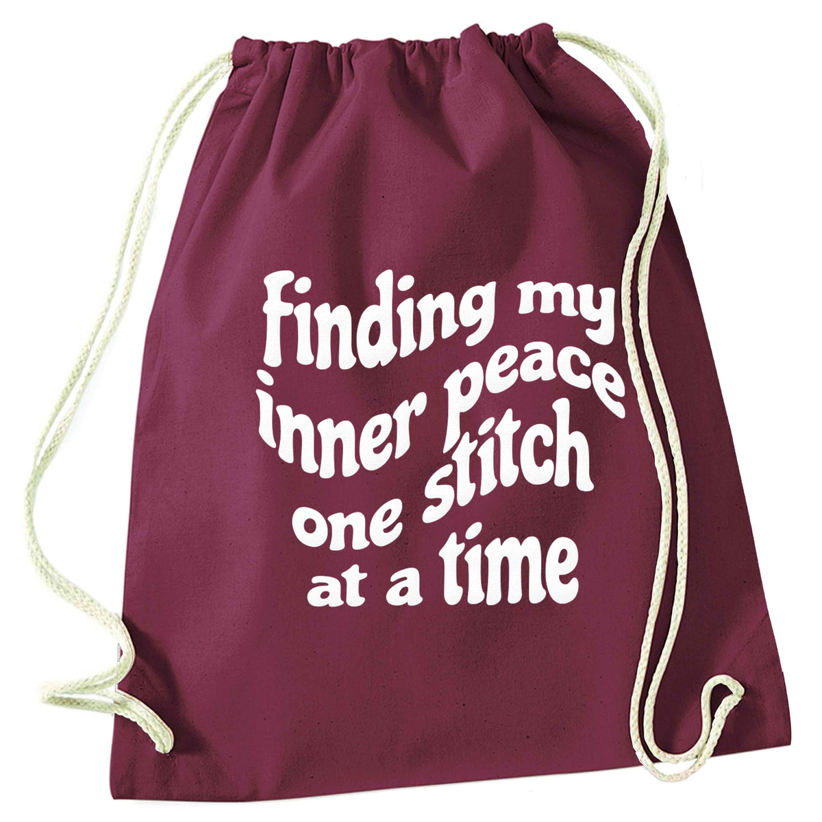 Finding My Inner Peace One Stitch at a Time maroon drawstring bag
