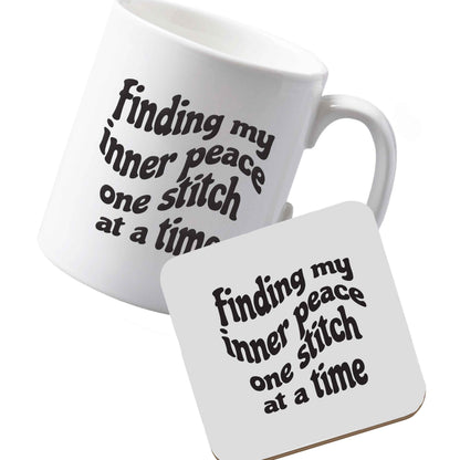 10 oz Ceramic mug and coaster Finding My Inner Peace One Stitch at a Time left sided