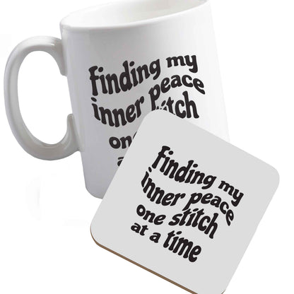 10 oz Ceramic mug and coaster Finding My Inner Peace One Stitch at a Time right handed