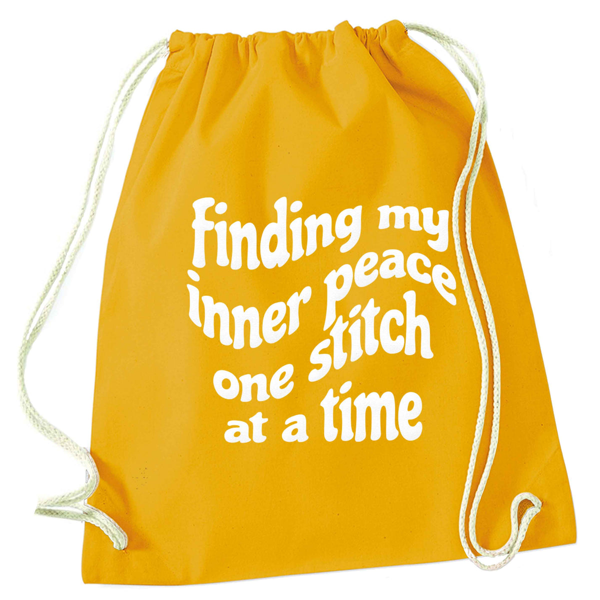Finding My Inner Peace One Stitch at a Time mustard drawstring bag
