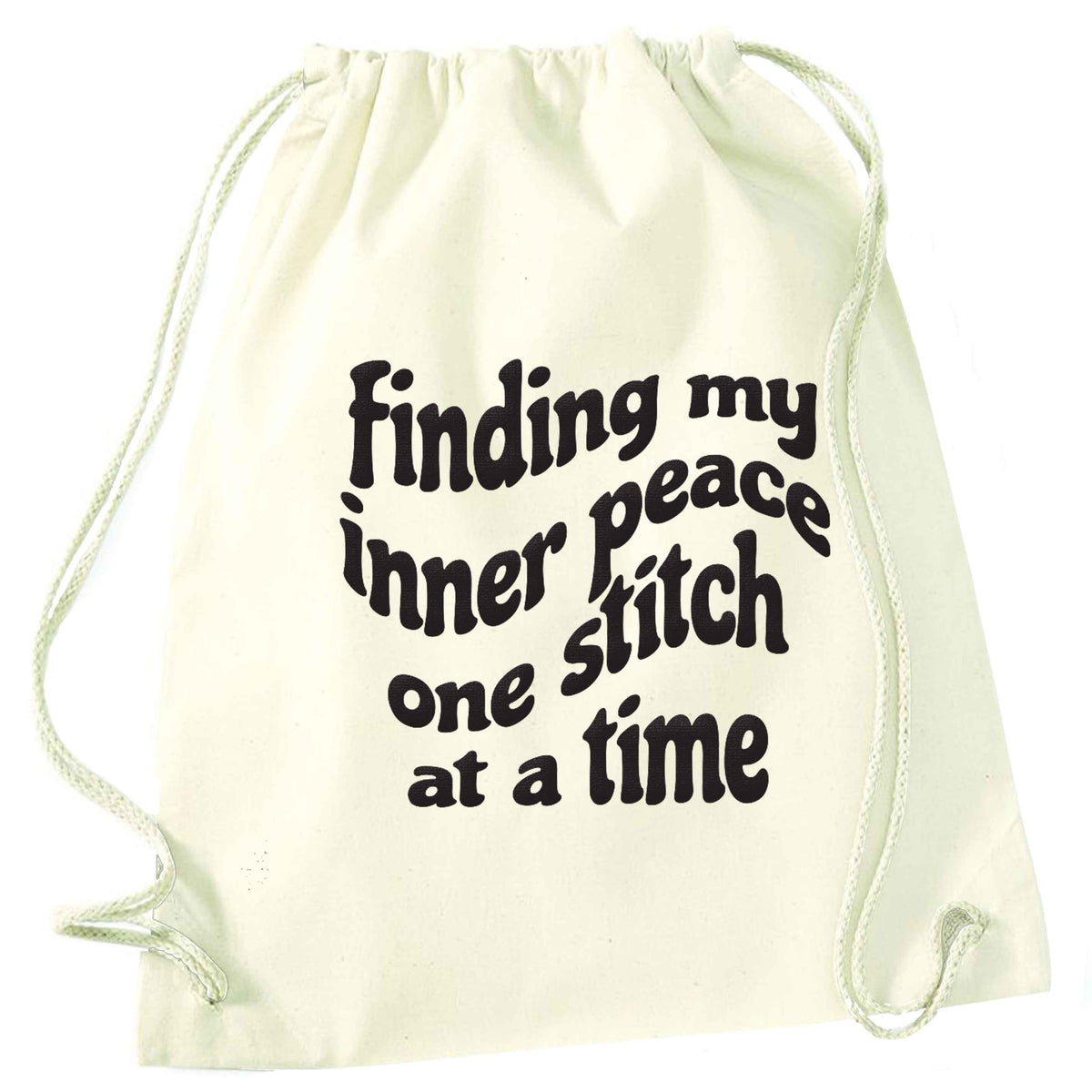 Finding My Inner Peace One Stitch at a Time natural drawstring bag