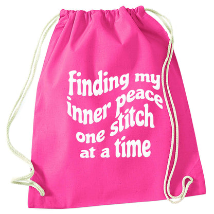 Finding My Inner Peace One Stitch at a Time pink drawstring bag