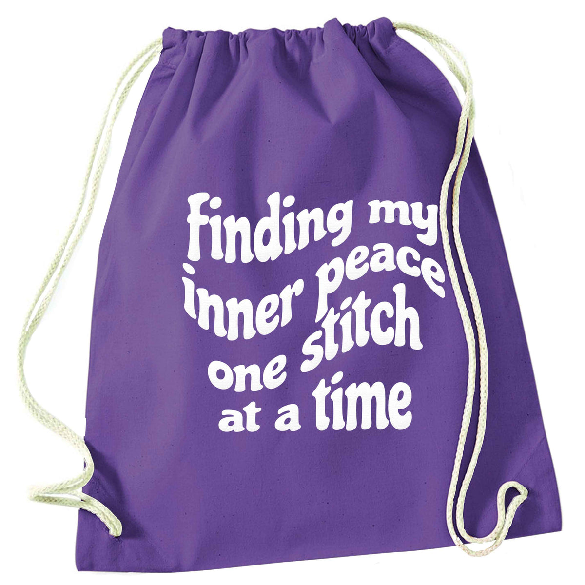 Finding My Inner Peace One Stitch at a Time purple drawstring bag