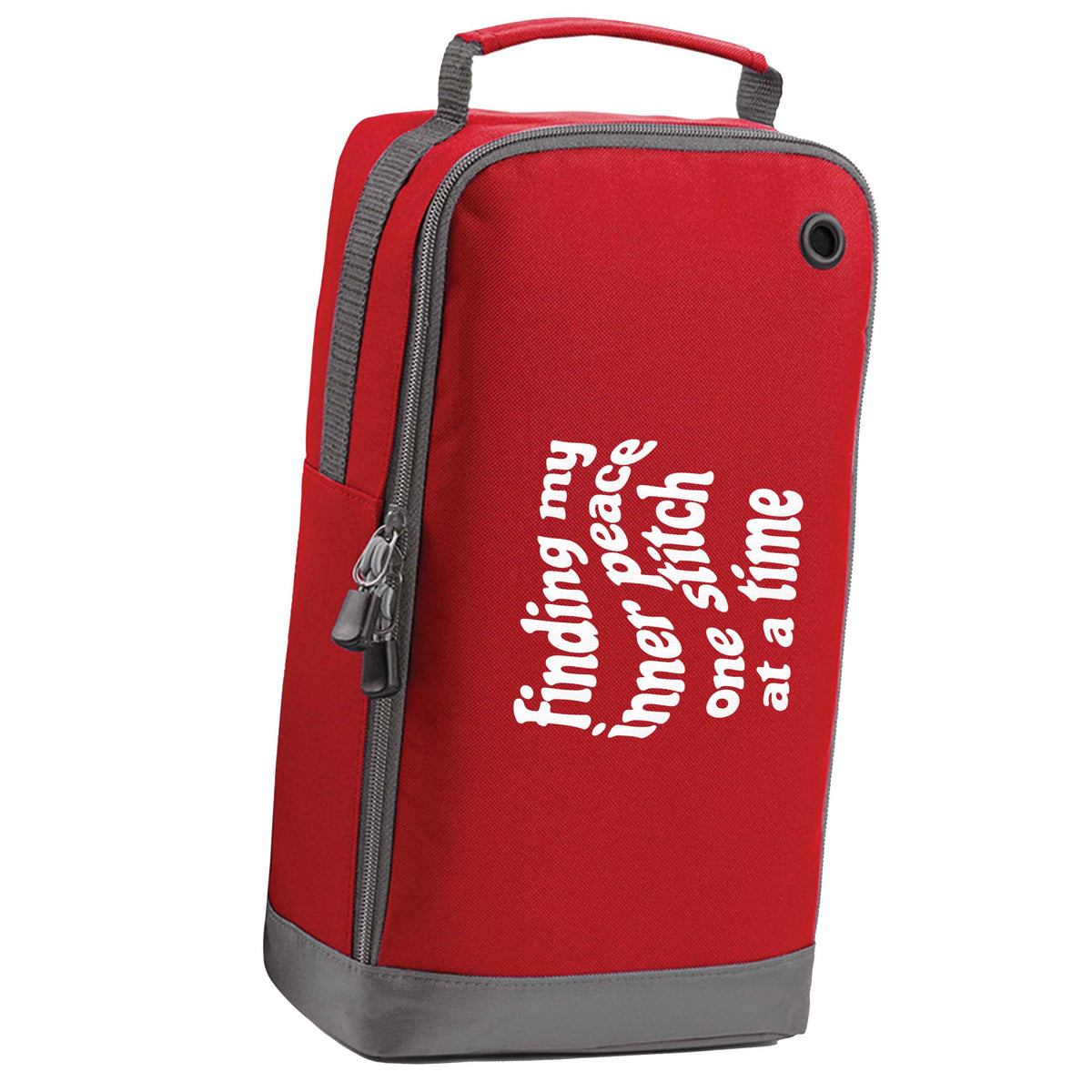 Finding My Inner Peace One Stitch at a Time red sports shoe bag vertical print