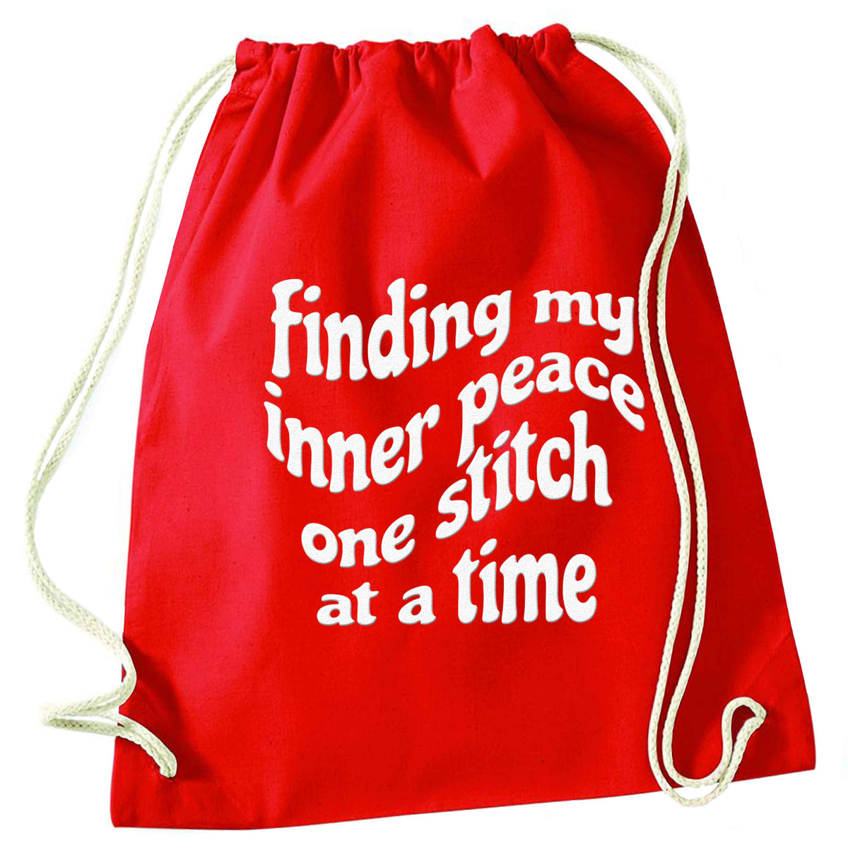 Finding My Inner Peace One Stitch at a Time red drawstring bag 