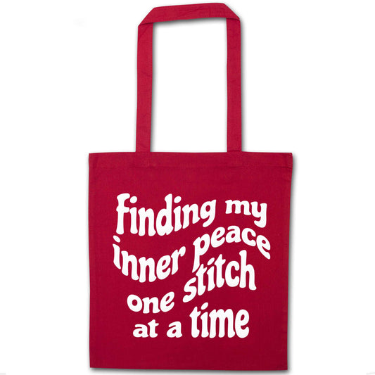 Finding My Inner Peace One Stitch at a Time red tote bag