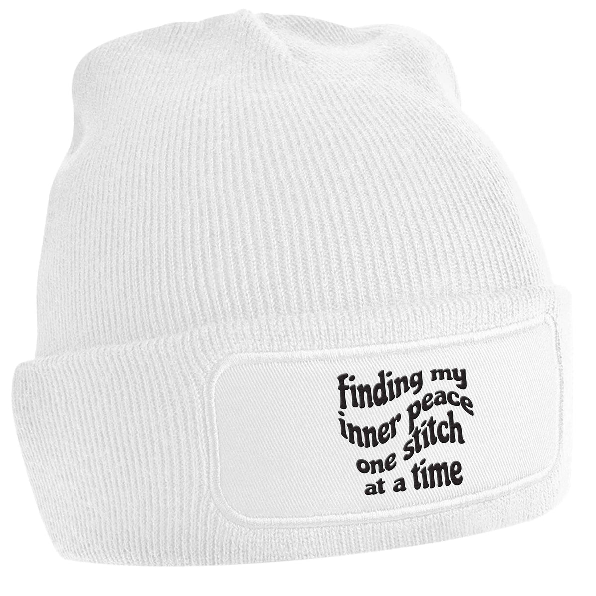 Finding My Inner Peace One Stitch at a Time white beanie hat