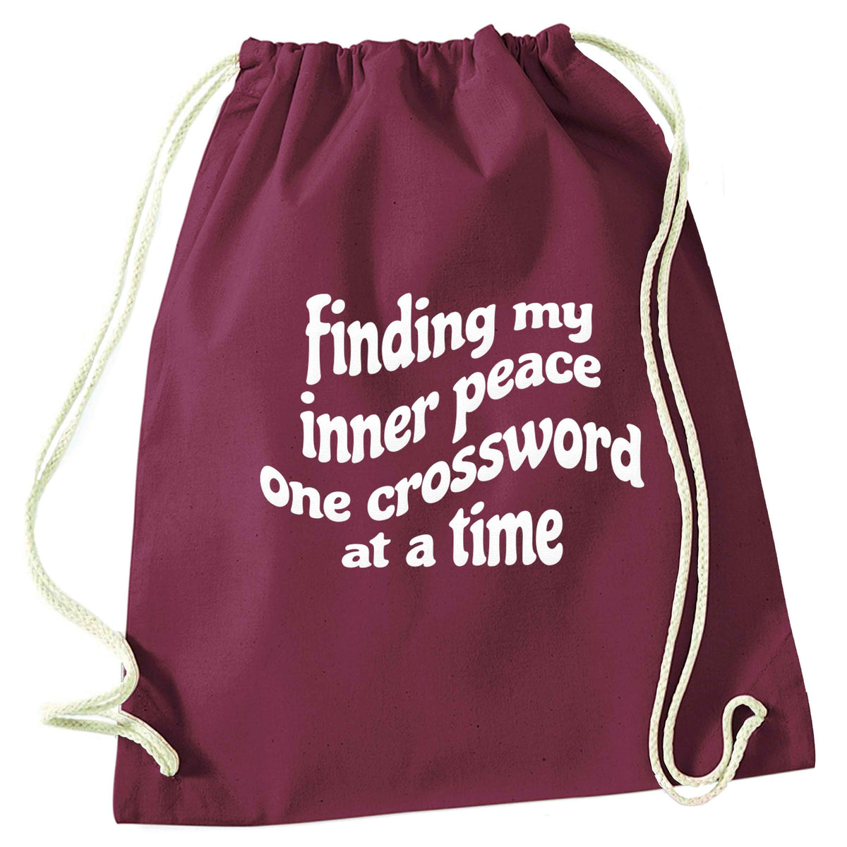 Finding My Inner Peace One Crossword at a Time maroon drawstring bag