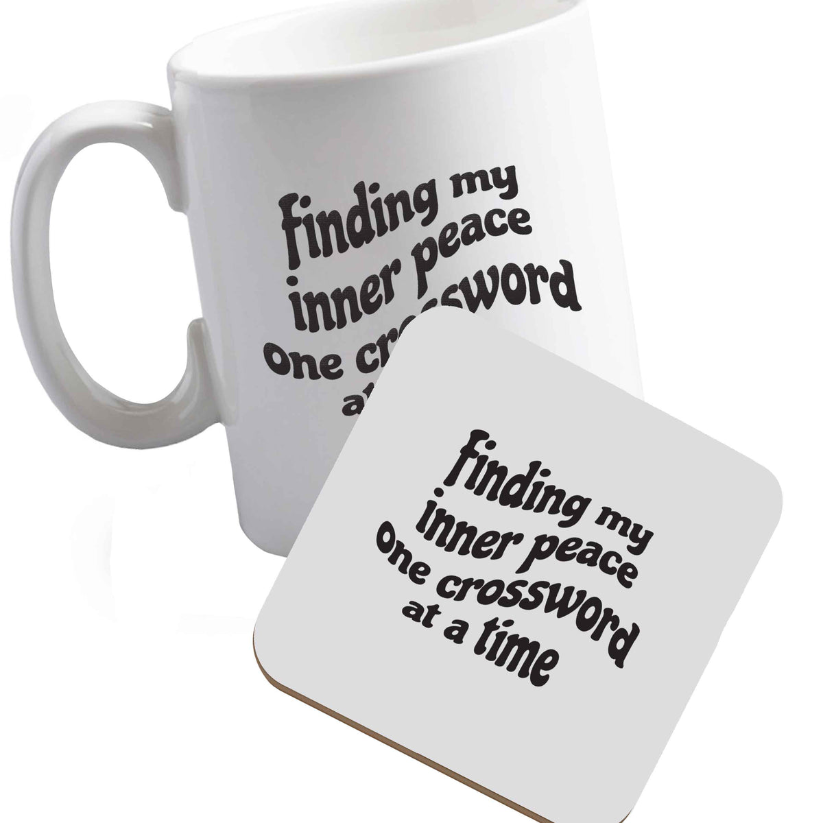 10 oz Ceramic mug and coaster Finding My Inner Peace One Crossword at a Time right handed