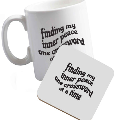 10 oz Ceramic mug and coaster Finding My Inner Peace One Crossword at a Time right handed