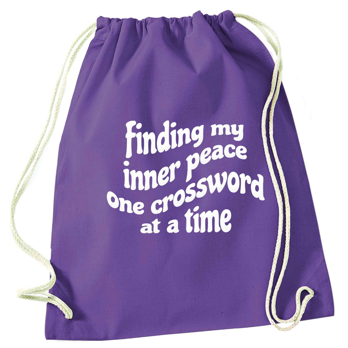 Finding My Inner Peace One Crossword at a Time purple drawstring bag
