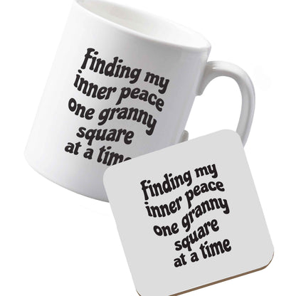 10 oz Ceramic mug and coaster Finding My Inner Peace One Granny Square at a Time left sided