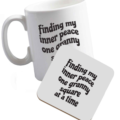 10 oz Ceramic mug and coaster Finding My Inner Peace One Granny Square at a Time right handed